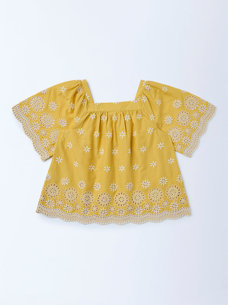 Utsa Kids Girls Yellow Embroidered Cotton Blouse - (2-8 yrs)
