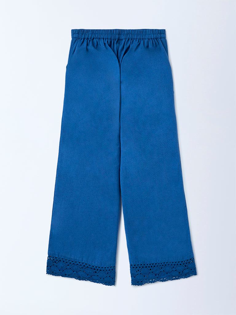 Utsa Kids Girls Indigo Lace Detailed Cotton-Blend Pants - (8-14 yrs)
