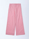 Utsa Kids Girls Light Pink Striped Mid-Rise Cotton-Blend Pants - (8-14 yrs)