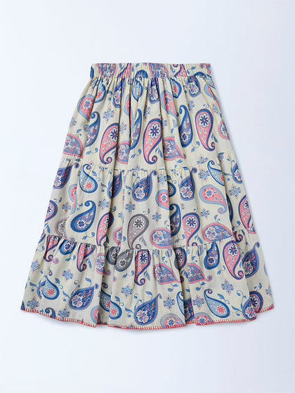 Utsa Kids Girls Off-White Paisley Printed Cotton-Blend Tiered Skirt - (8-14 yrs)
