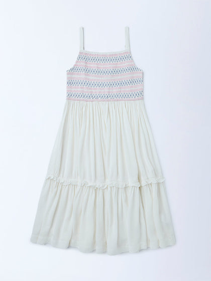 Utsa Kids Girls White Embroidered Fit-and-Flare Dress - (8-14 yrs)