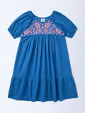 Utsa Kids Girls Indigo Floral Embroidered Tiered Cotton-Blend Dress - (8-14 yrs)