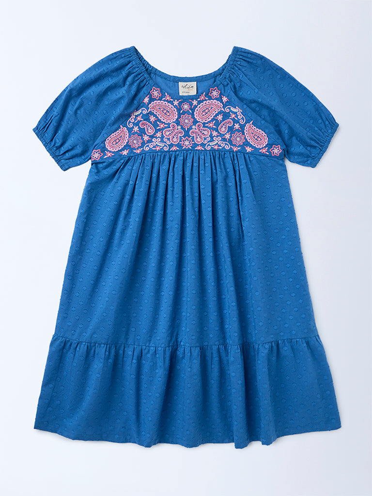 Utsa Kids Girls Indigo Floral Embroidered Tiered Cotton-Blend Dress - (8-14 yrs)