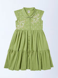 Utsa Kids Girls Mint Green Embroidered Tiered Cotton-Blend Dress - (8-14 yrs)