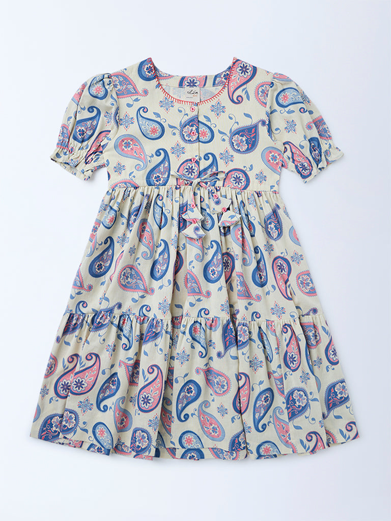 Utsa Kids Girls Off-White Paisley Printed Cotton-Blend Tiered Dress - (8-14 yrs)