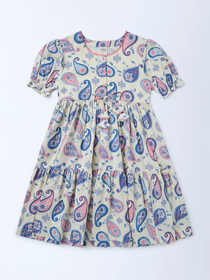 Utsa Kids Girls Off-White Paisley Printed Cotton-Blend Tiered Dress - (8-14 yrs)