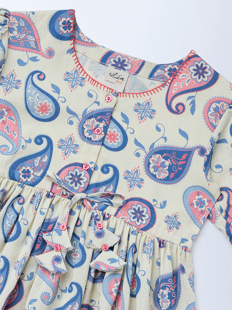 Utsa Kids Girls Off-White Paisley Printed Cotton-Blend Tiered Dress - (8-14 yrs)