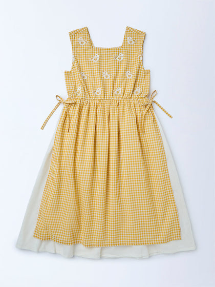 Utsa Kids Girls Yellow Checkered A-Line Cotton Dress - (8-14 yrs)