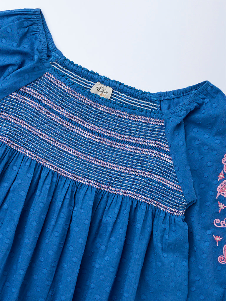 Utsa Kids Girls Indigo Embroidered Cotton-Blend Top - (8-14 yrs)