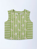Utsa Kids Girls Green Embroidered Cotton-Blend Top - (8-14 yrs)