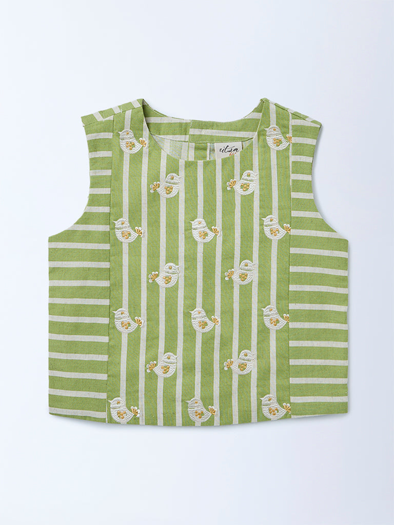 Utsa Kids Girls Green Embroidered Cotton-Blend Top - (8-14 yrs)