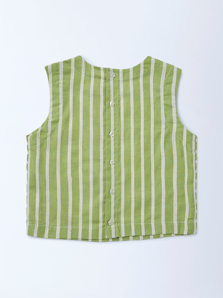 Utsa Kids Girls Green Embroidered Cotton-Blend Top - (8-14 yrs)