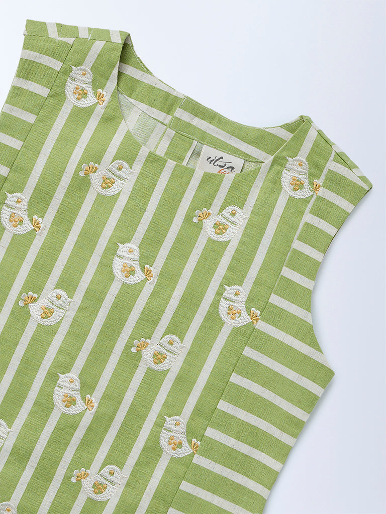 Utsa Kids Girls Green Embroidered Cotton-Blend Top - (8-14 yrs)