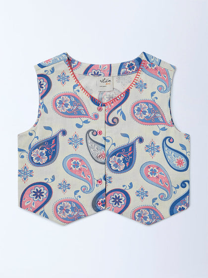 Utsa Kids Girls Off-White Printed Cotton-Blend Waistcoat - (8-14 yrs)