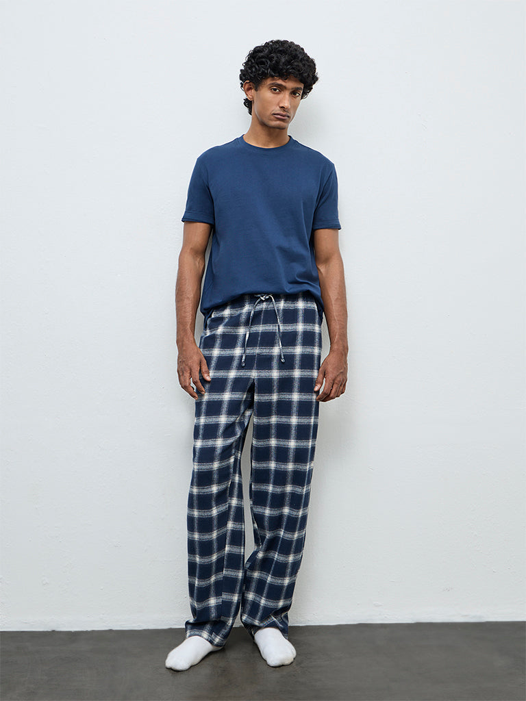 WES Lounge Navy Checkered Relaxed-Fit Mid-Rise Cotton Pants