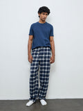 WES Lounge Navy Checkered Relaxed-Fit Mid-Rise Cotton Pants