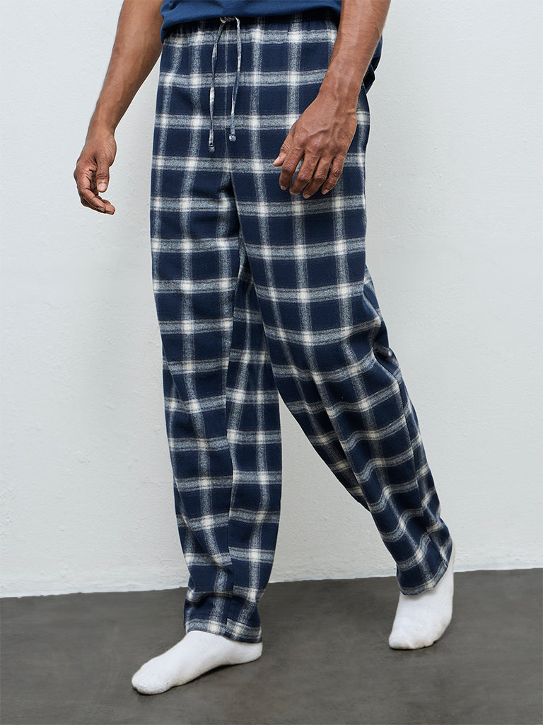 WES Lounge Navy Checkered Relaxed-Fit Mid-Rise Cotton Pants