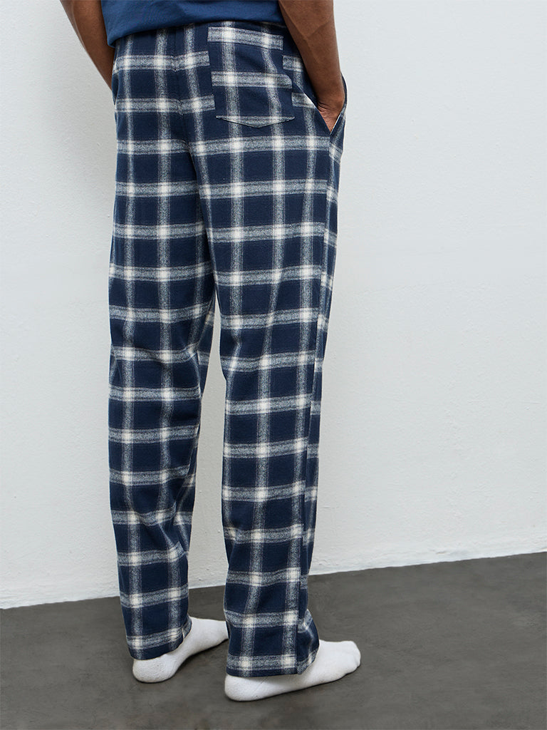 WES Lounge Navy Checkered Relaxed-Fit Mid-Rise Cotton Pants