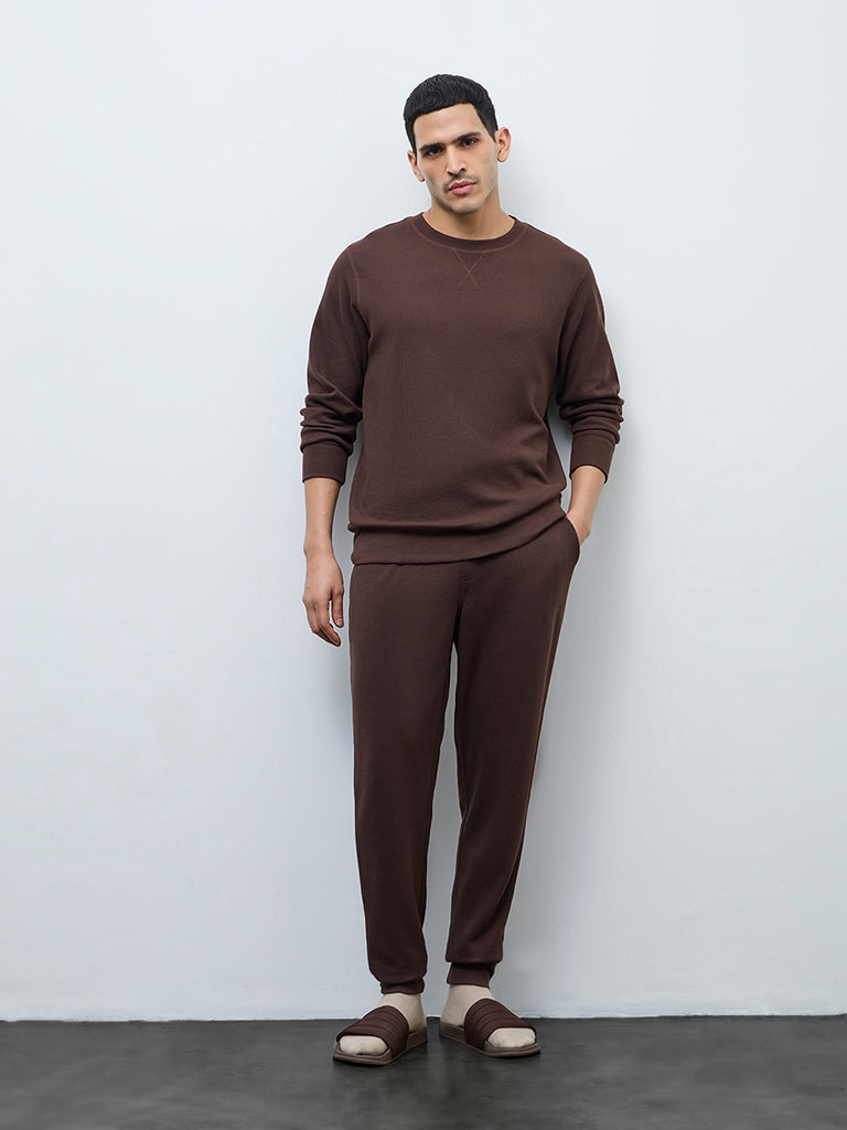 WES Lounge Dark Brown Waffle-Textured Relaxed-Fit Mid-Rise Cotton-Blend Joggers