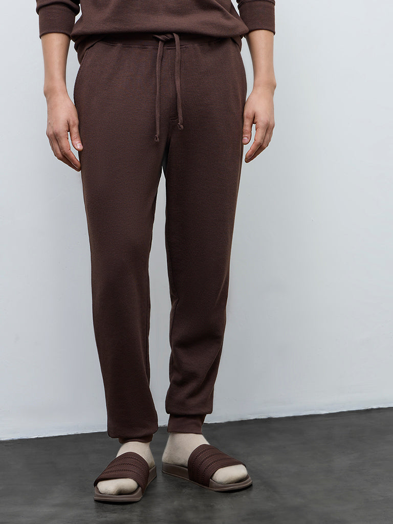 WES Lounge Dark Brown Waffle-Textured Relaxed-Fit Mid-Rise Cotton-Blend Joggers