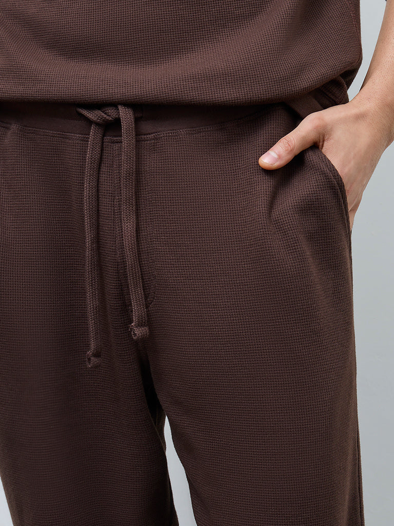 WES Lounge Dark Brown Waffle-Textured Relaxed-Fit Mid-Rise Cotton-Blend Joggers