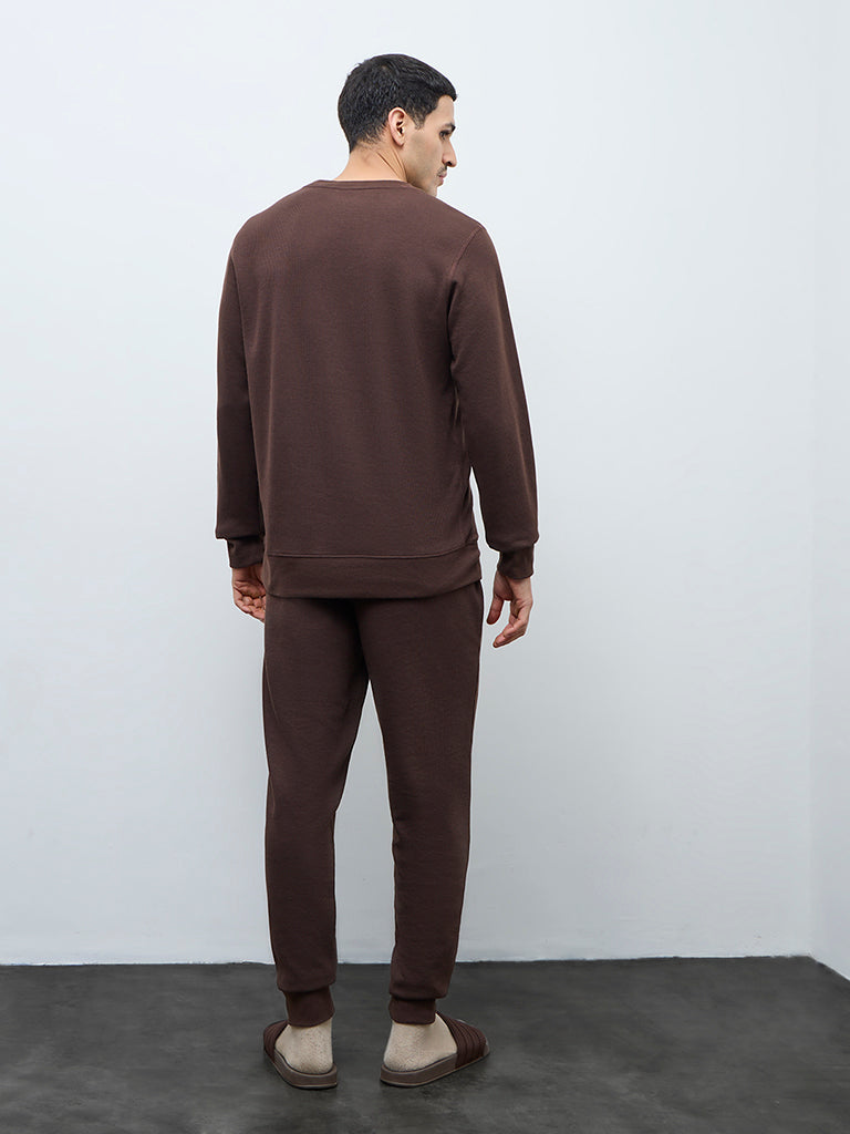 WES Lounge Dark Brown Waffle-Textured Relaxed-Fit Mid-Rise Cotton-Blend Joggers