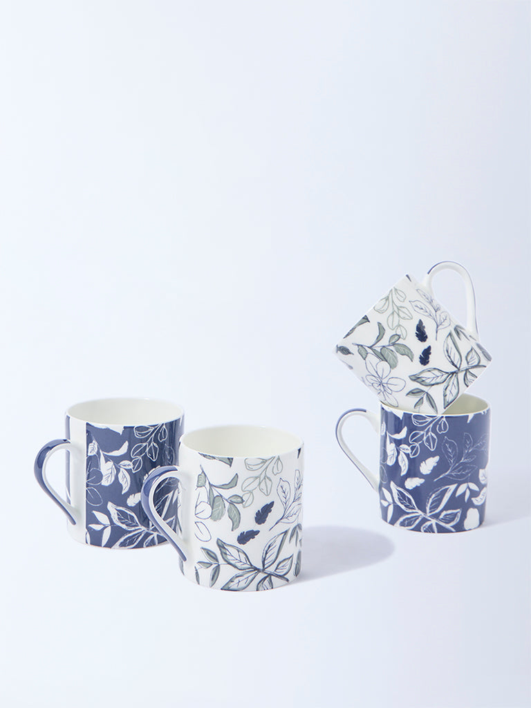 Westside Home Dusty Blue Botanical Printed Mugs (Set of 4)