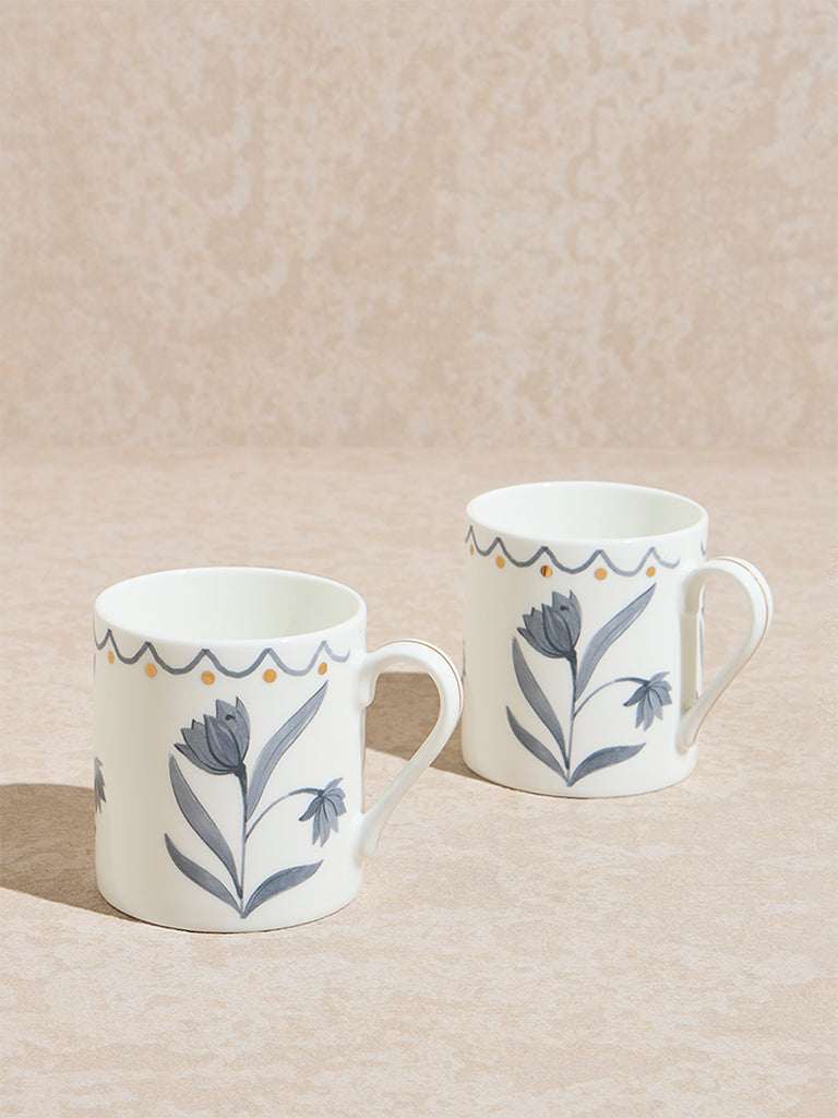 Westside Home Grey Floral Design Mugs (Set of 2)