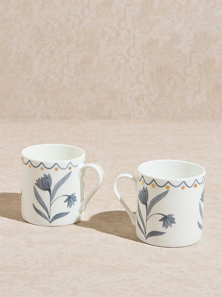 Westside Home Grey Floral Design Mugs (Set of 2)