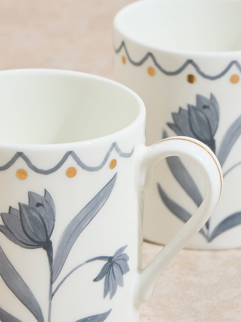 Westside Home Grey Floral Design Mugs (Set of 2)