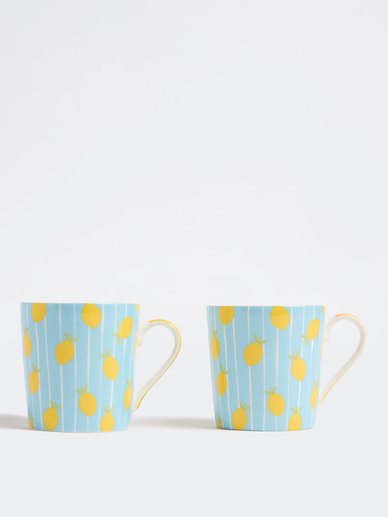 Westside Home Blue Lemon Design Mugs - (Set of 2)