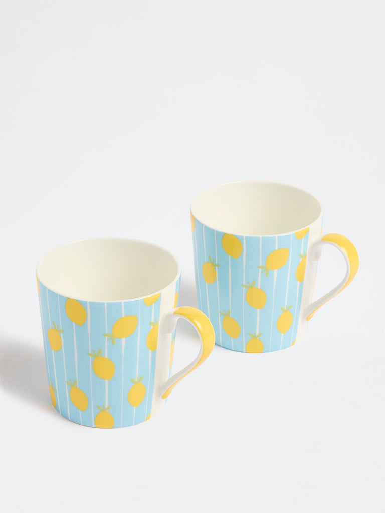Westside Home Blue Lemon Design Mugs - (Set of 2)