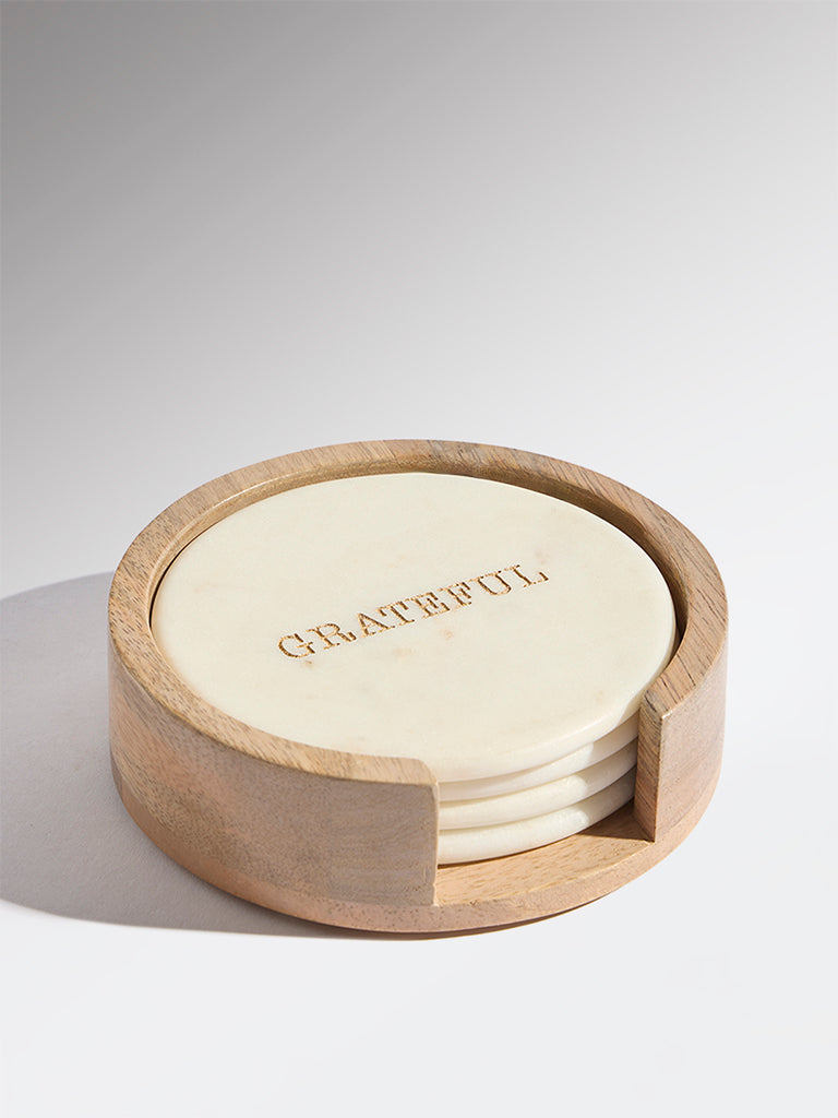 Westside Home White Typographic Marble Coaster with Wooden Holder (Set of 4)