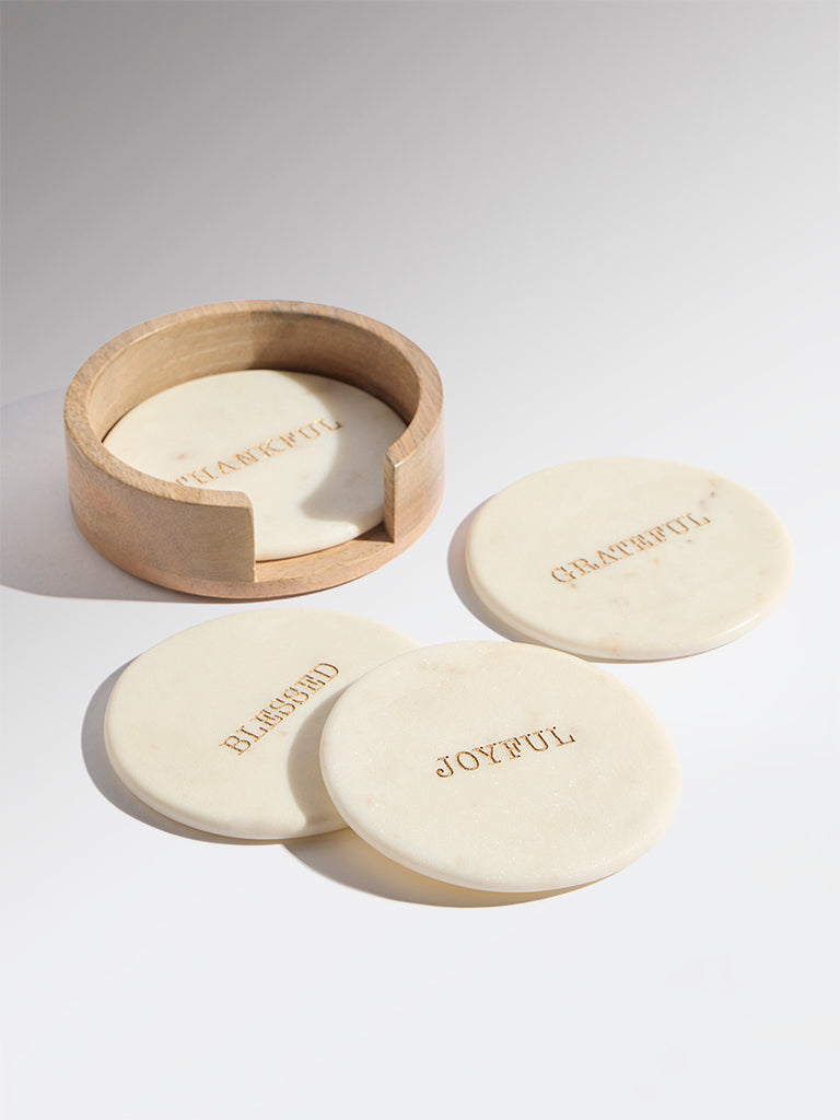 Westside Home White Typographic Marble Coaster with Wooden Holder (Set of 4)