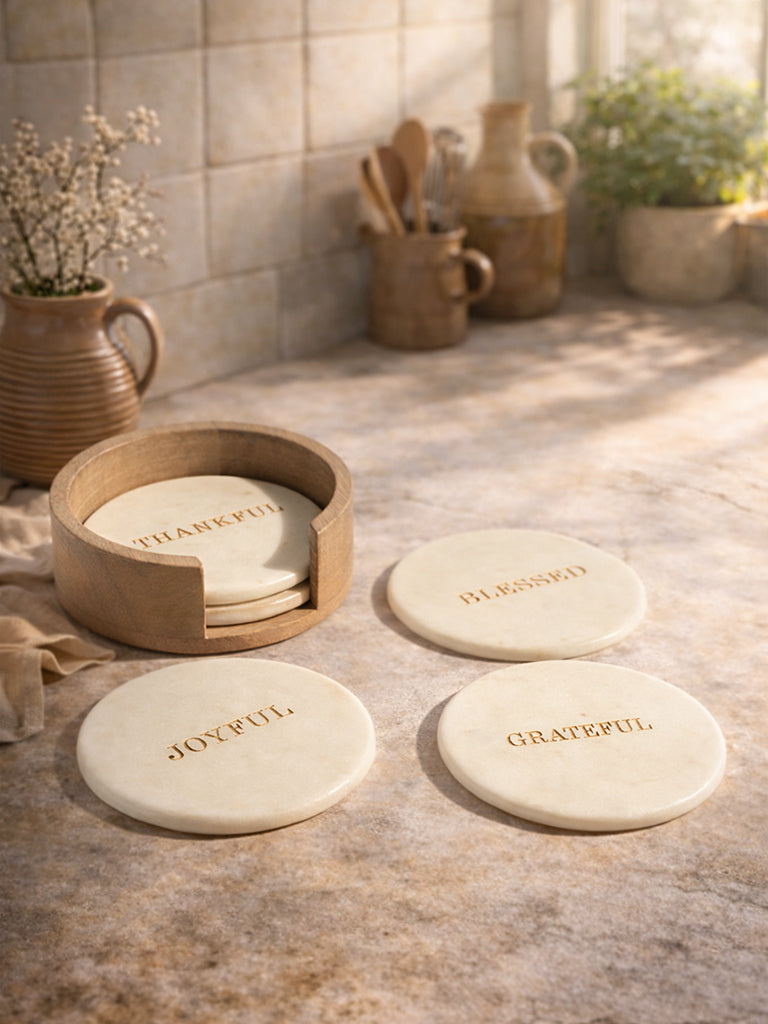Westside Home White Typographic Marble Coaster with Wooden Holder (Set of 4)