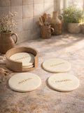 Westside Home White Typographic Marble Coaster with Wooden Holder (Set of 4)