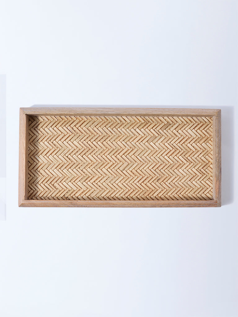 Westside Home Brown Rattan Woven Wooden Serving Tray