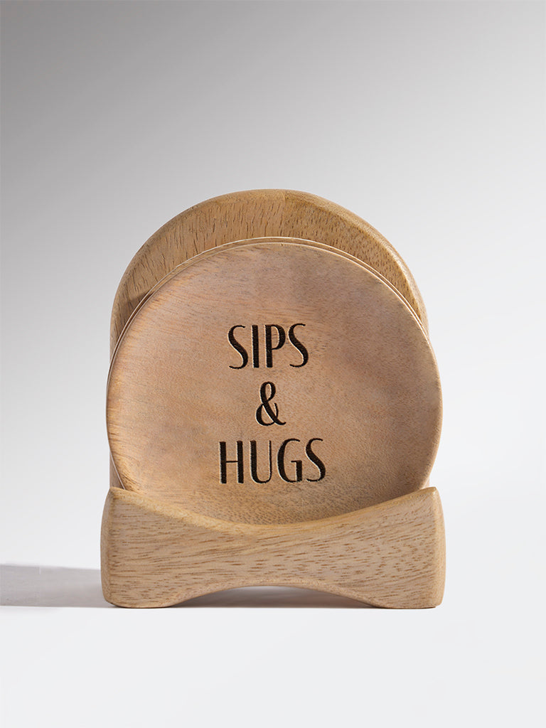 Westside Home Beige Wooden Coasters with Stand (Set of 4)