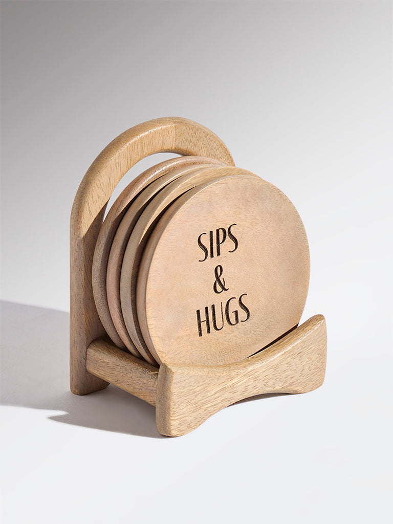 Westside Home Beige Wooden Coasters with Stand (Set of 4)