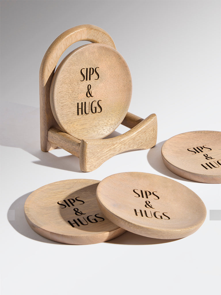 Westside Home Beige Wooden Coasters with Stand (Set of 4)