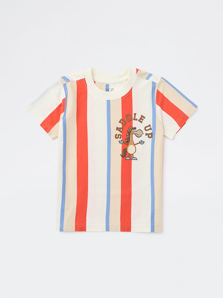 HOP Kids Boys Multicolour Striped Cotton T-Shirt