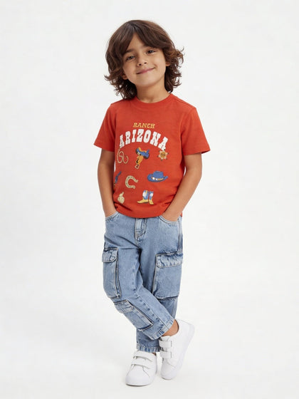 HOP Kids Boys Orange Printed Cotton T-Shirt