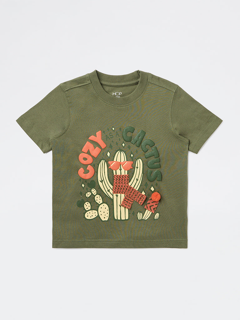 HOP Kids Boys Green Printed Cotton T-Shirt