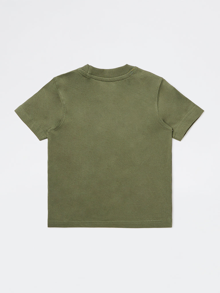 HOP Kids Boys Green Printed Cotton T-Shirt