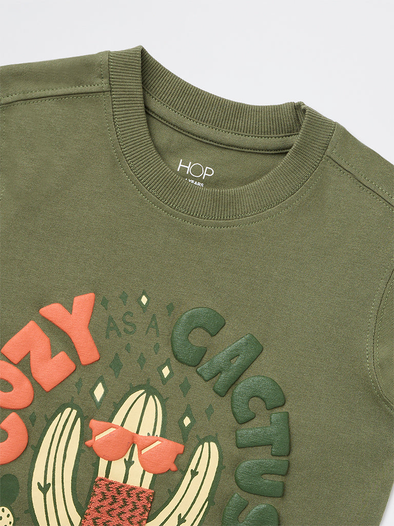 HOP Kids Boys Green Printed Cotton T-Shirt