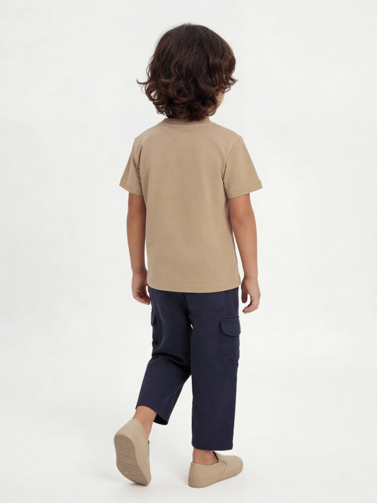 HOP Kids Boys Light Taupe Embroidered Cotton T-Shirt