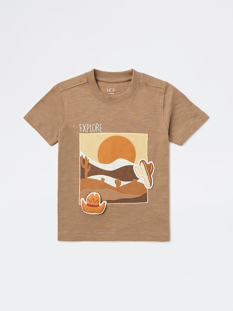 HOP Kids Boys Light Taupe Embroidered Cotton T-Shirt