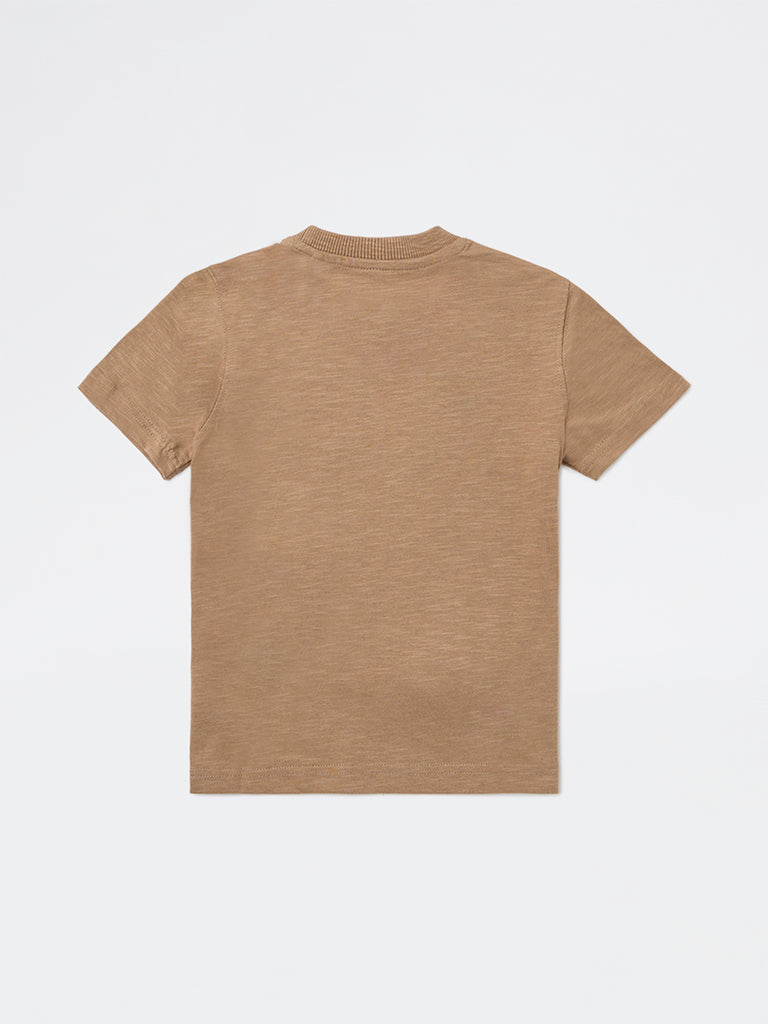 HOP Kids Boys Light Taupe Embroidered Cotton T-Shirt