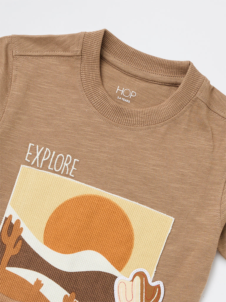 HOP Kids Boys Light Taupe Embroidered Cotton T-Shirt