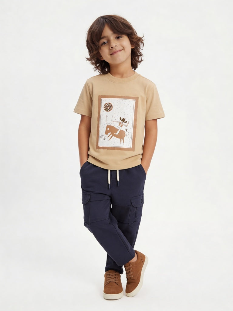 HOP Kids Boys Beige Printed Cotton T-Shirt